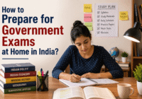Student preparing for government exams at home with study plan