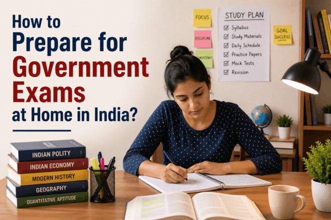 Student preparing for government exams at home with study plan
