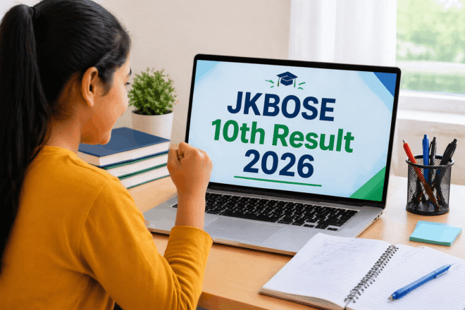 Student checking JKBOSE 10th result online on laptop