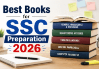 Best books for SSC Preparation 2026 including Quantitative Aptitude, English, Reasoning, Lucent GK, and SSC previous year papers arranged on a realistic student study desk with handwritten notes, mock tests, and late-night exam preparation atmosphere.