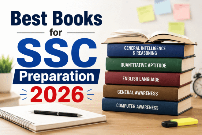 Best books for SSC Preparation 2026 including Quantitative Aptitude, English, Reasoning, Lucent GK, and SSC previous year papers arranged on a realistic student study desk with handwritten notes, mock tests, and late-night exam preparation atmosphere.
